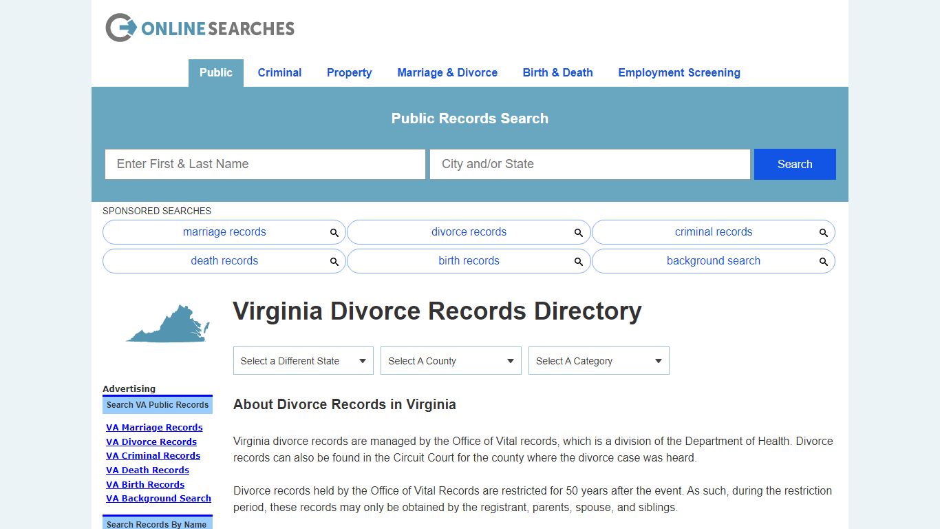 Virginia Divorce Records Search Directory - OnlineSearches.com