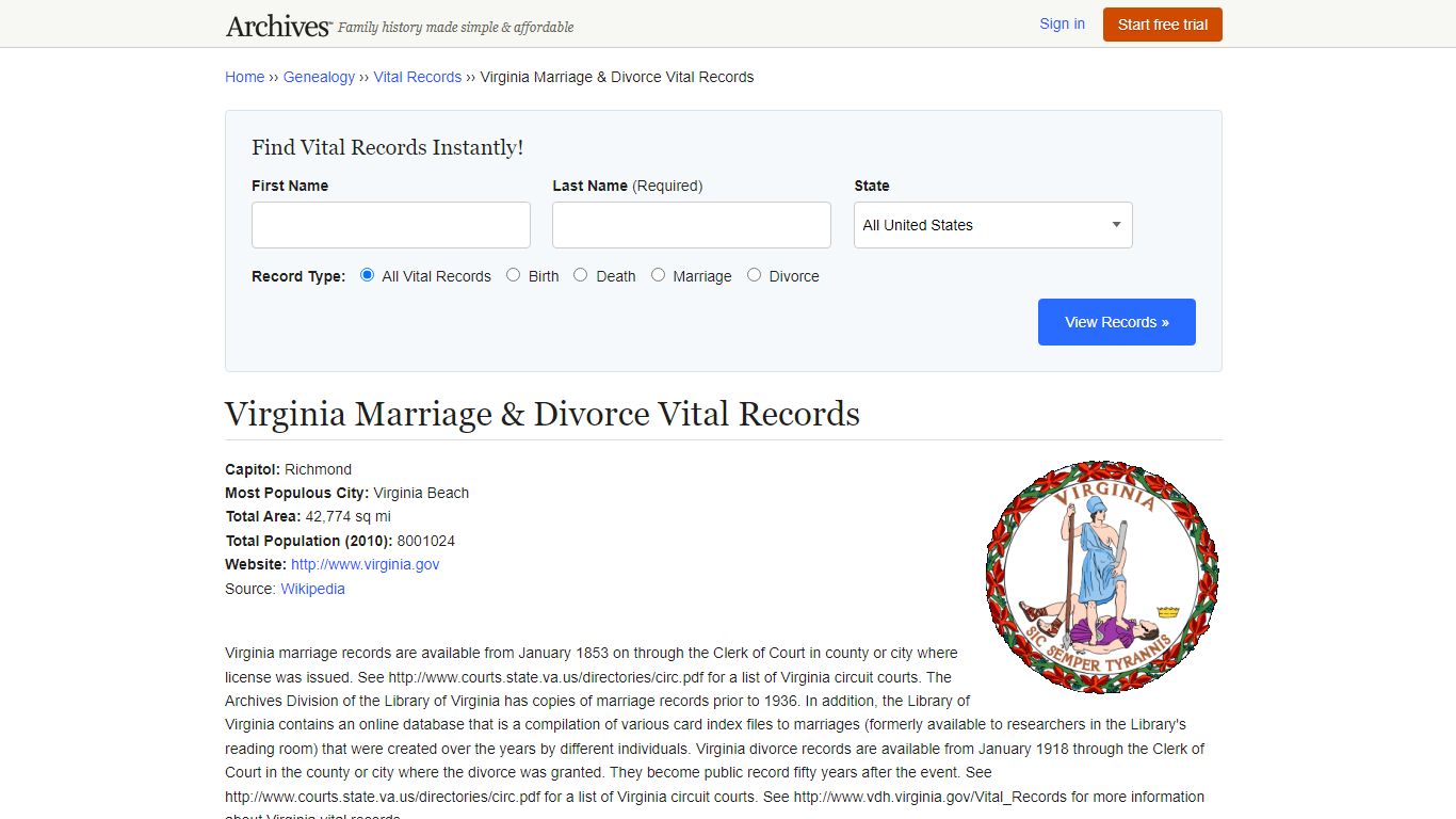 Virginia Marriage & Divorce Vital Records - Archives.com